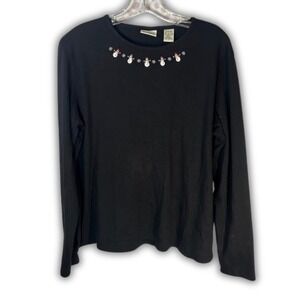 Classic Elements Black Long Sleeve Christmas Snowman Embroidered Top L 14 16